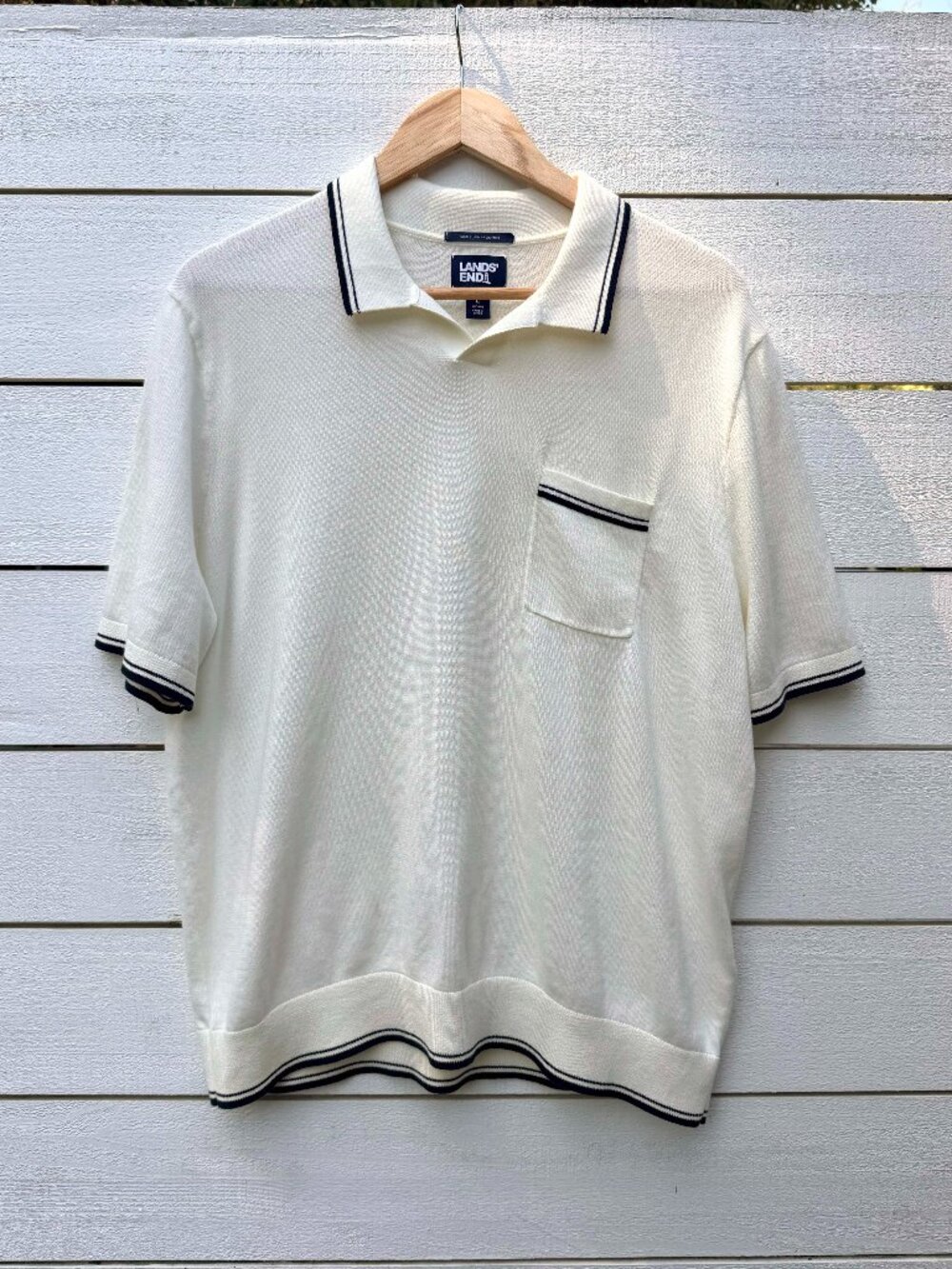 Men's Land's End tipped sweater polo, cream, size L